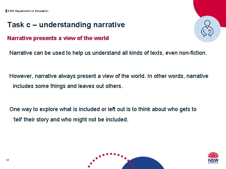 NSW Department of Education Task c – understanding narrative Narrative presents a view of