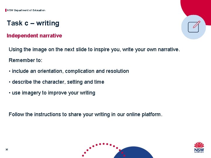 NSW Department of Education Task c – writing Independent narrative Using the image on
