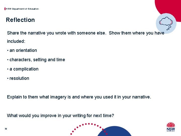 NSW Department of Education Reflection Share the narrative you wrote with someone else. Show