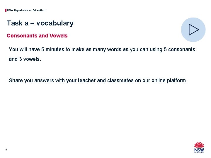 NSW Department of Education Task a – vocabulary Consonants and Vowels You will have