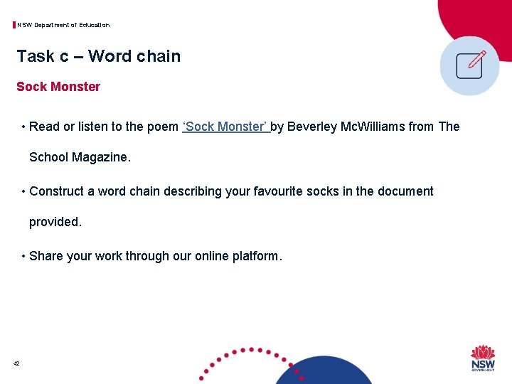 NSW Department of Education Task c – Word chain Sock Monster • Read or