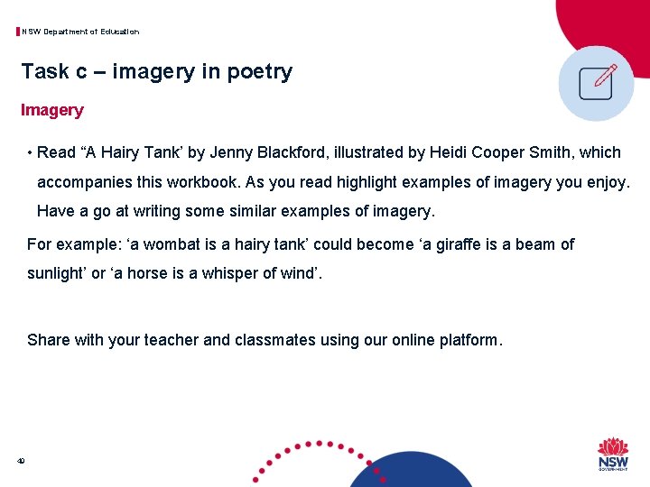 NSW Department of Education Task c – imagery in poetry Imagery • Read “A