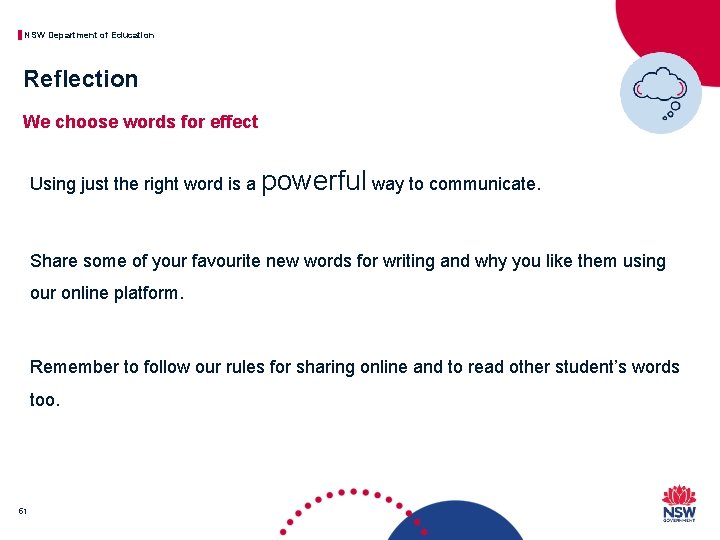 NSW Department of Education Reflection We choose words for effect Using just the right