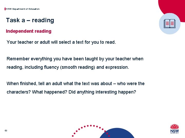 NSW Department of Education Task a – reading Independent reading Your teacher or adult