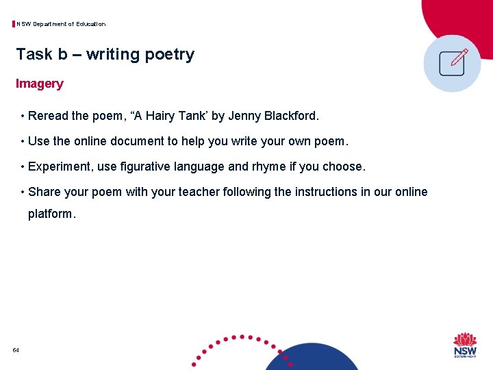 NSW Department of Education Task b – writing poetry Imagery • Reread the poem,