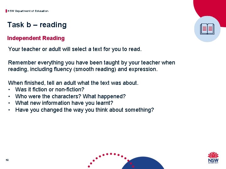 NSW Department of Education Task b – reading Independent Reading Your teacher or adult