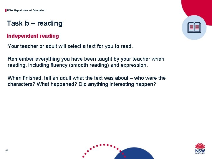 NSW Department of Education Task b – reading Independent reading Your teacher or adult