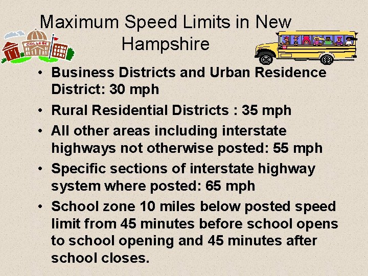 Maximum Speed Limits in New Hampshire • Business Districts and Urban Residence District: 30