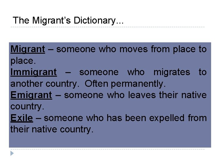 The Migrant’s Dictionary. . . Migrant – someone who moves from place to place.