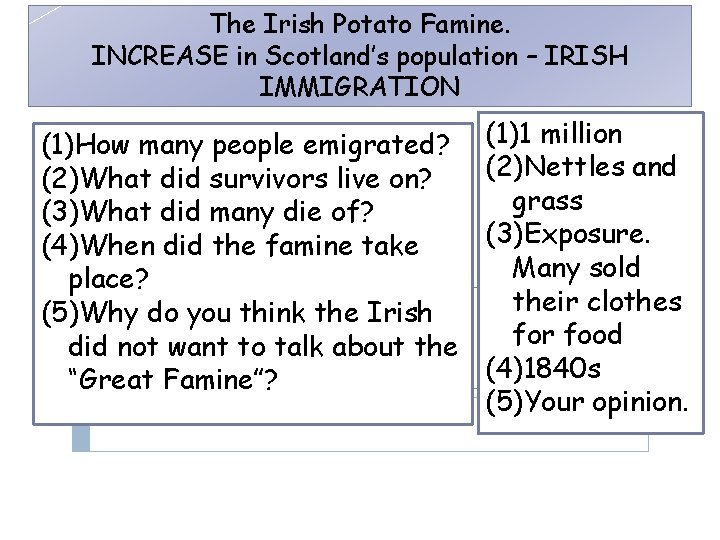 The Irish Potato Famine. INCREASE in Scotland’s population – IRISH IMMIGRATION (1)How many people