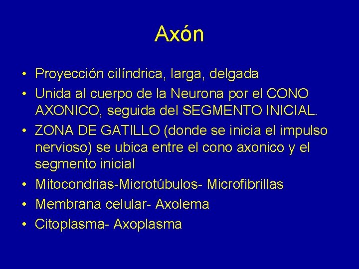 Axón • Proyección cilíndrica, larga, delgada • Unida al cuerpo de la Neurona por