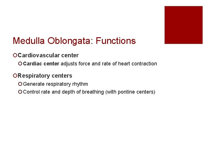 Medulla Oblongata: Functions ¡Cardiovascular center ¡ Cardiac center adjusts force and rate of heart