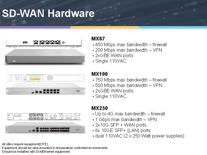 SD-WAN Hardware MX 67 • • 450 Mbps max bandwidth – firewall 200 Mbps