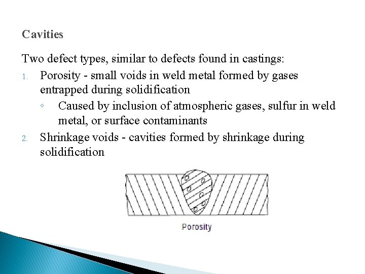 Cavities Two defect types, similar to defects found in castings: 1. Porosity - small