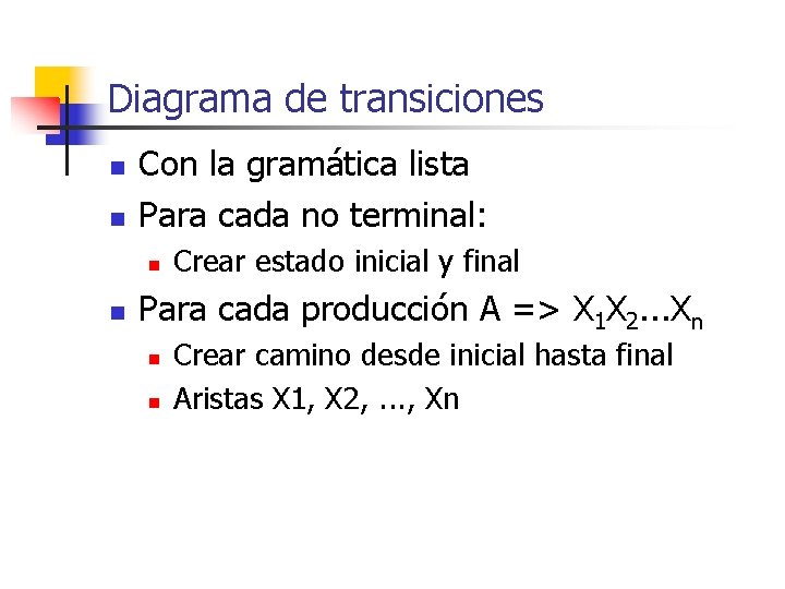 Diagrama de transiciones n n Con la gramática lista Para cada no terminal: n