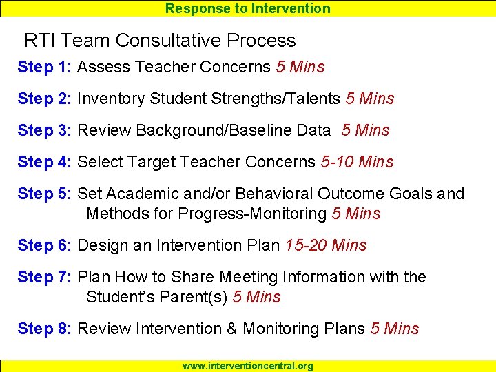 Response to Intervention RTI Team Consultative Process Step 1: Assess Teacher Concerns 5 Mins