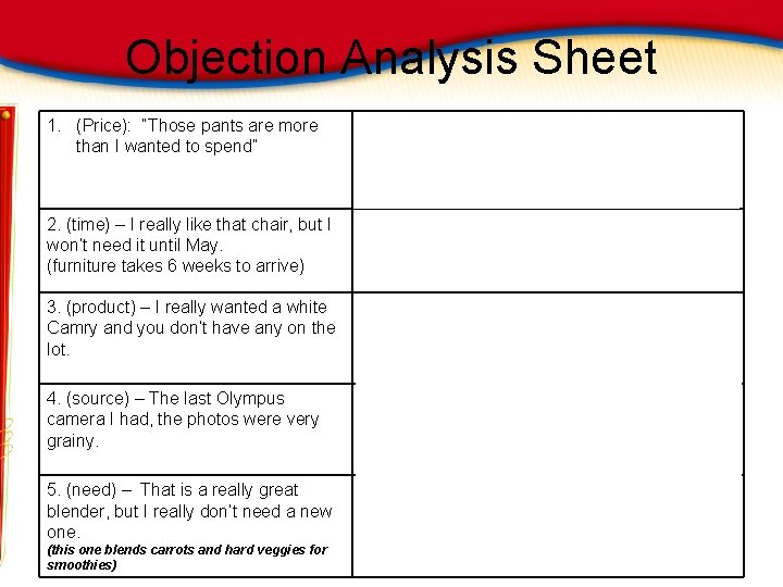 Objection Analysis Sheet 1. (Price): “Those pants are more than I wanted to spend”