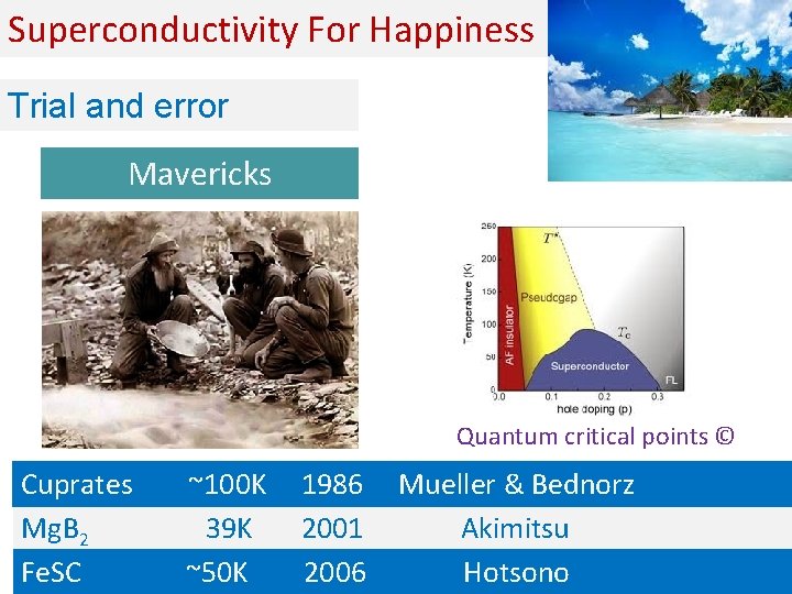 Superconductivity For Happiness Trial and error Mavericks Quantum critical points © Cuprates Mg. B