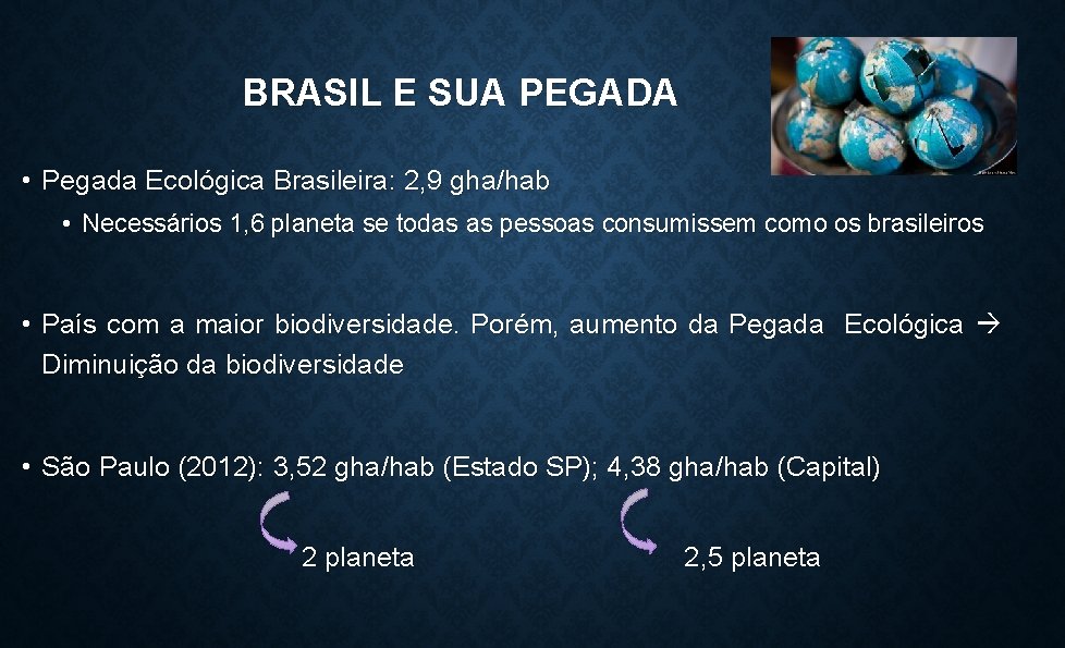 BRASIL E SUA PEGADA • Pegada Ecológica Brasileira: 2, 9 gha/hab • Necessários 1,