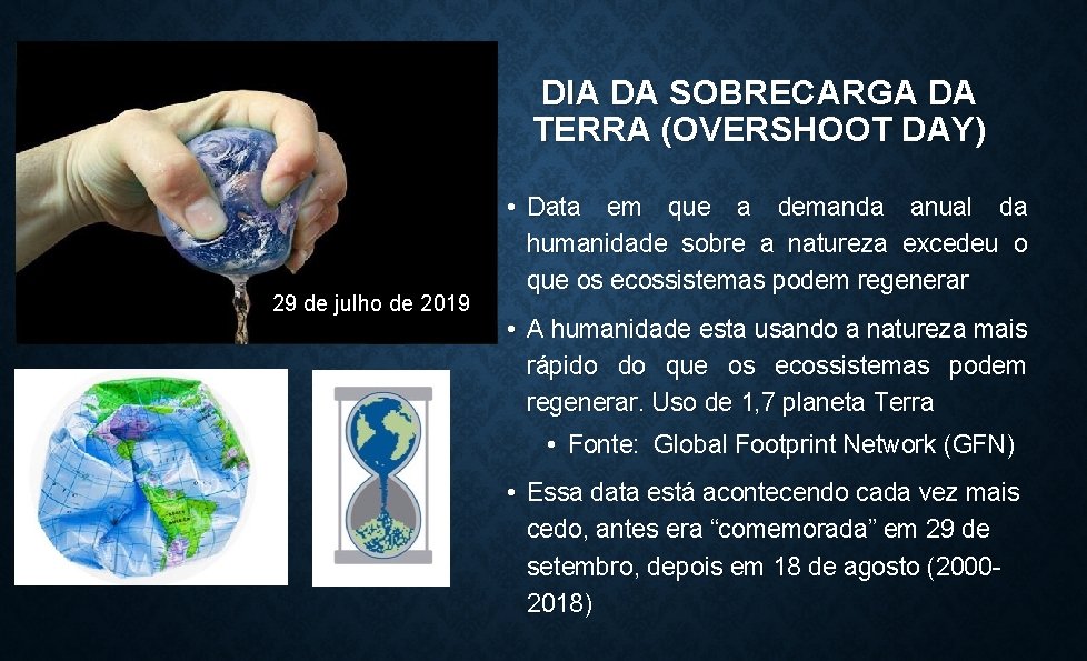 DIA DA SOBRECARGA DA TERRA (OVERSHOOT DAY) 29 de julho de 2019 • Data