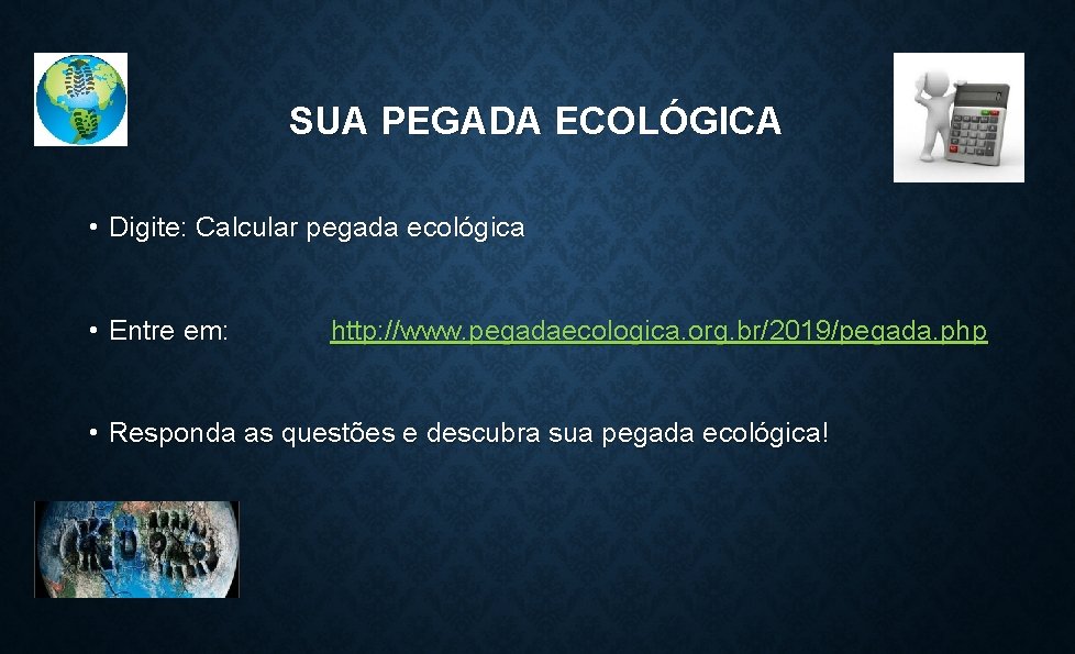 SUA PEGADA ECOLÓGICA • Digite: Calcular pegada ecológica • Entre em: http: //www. pegadaecologica.