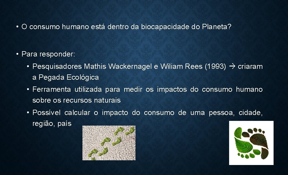  • O consumo humano está dentro da biocapacidade do Planeta? • Para responder: