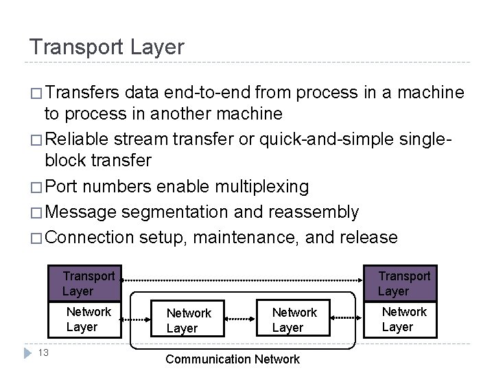 Transport Layer � Transfers data end-to-end from process in a machine to process in