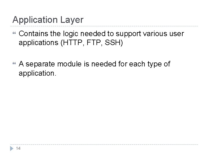 Application Layer Contains the logic needed to support various user applications (HTTP, FTP, SSH)