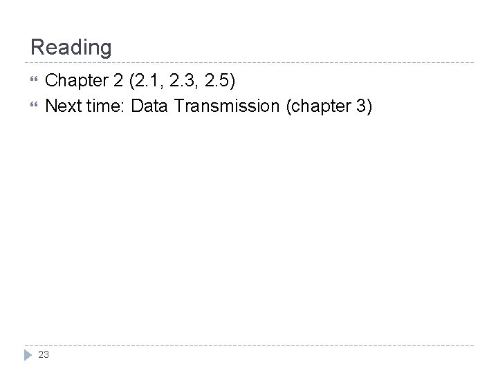 Reading Chapter 2 (2. 1, 2. 3, 2. 5) Next time: Data Transmission (chapter