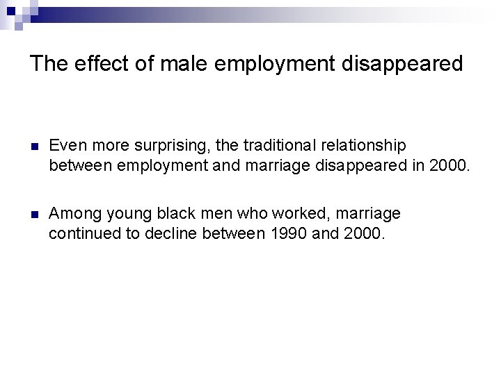 The effect of male employment disappeared n Even more surprising, the traditional relationship between