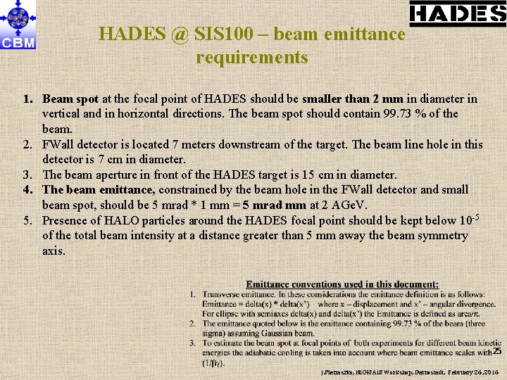 HADES @ SIS 100 – beam emittance requirements 1. Beam spot at the focal