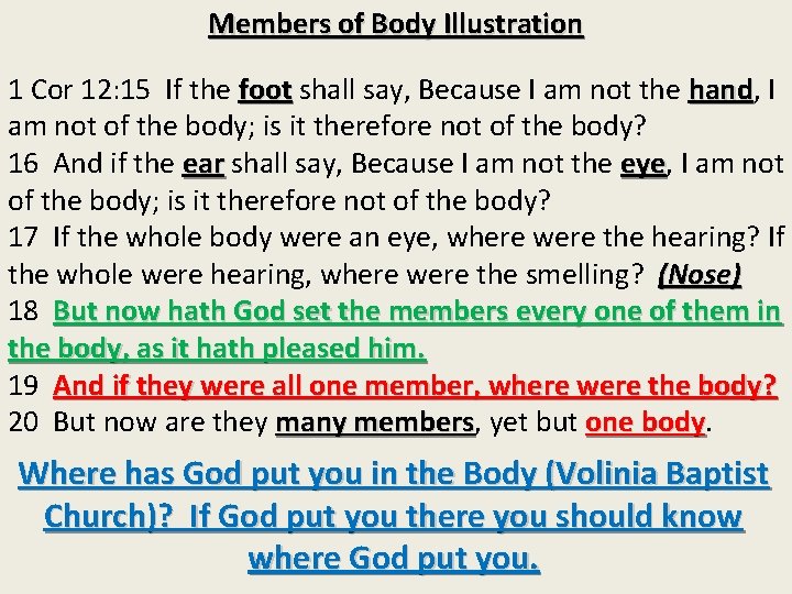 Members of Body Illustration 1 Cor 12: 15 If the foot shall say, Because