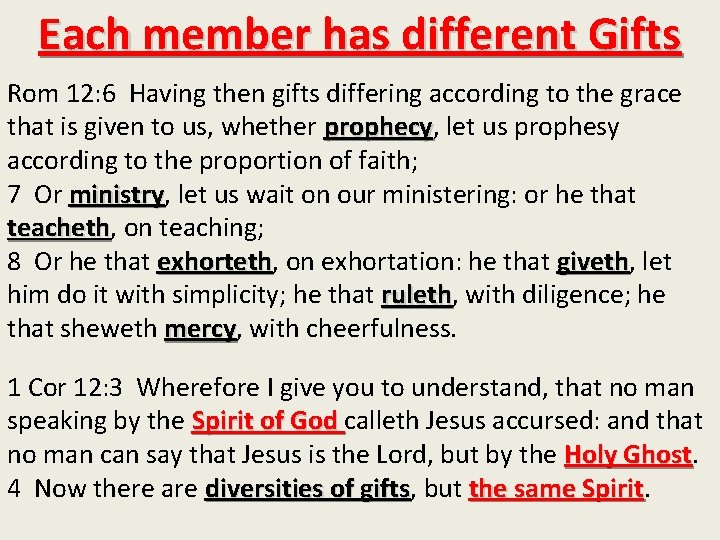 Each member has different Gifts Rom 12: 6 Having then gifts differing according to