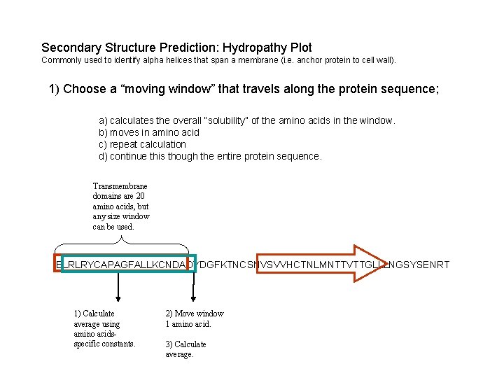 Secondary Structure Prediction: Hydropathy Plot Commonly used to identify alpha helices that span a