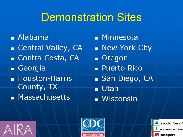 Demonstration Sites n n n Alabama Central Valley, CA Contra Costa, CA Georgia Houston-Harris