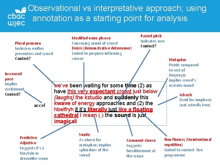 Observational vs interpretative approach; using annotation as a starting point for analysis Plural pronoun