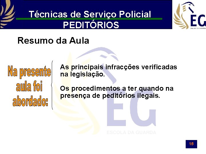 Técnicas de Serviço Policial PEDITÓRIOS Resumo da Aula As principais infracções verificadas na legislação.