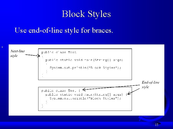 Block Styles Use end-of-line style for braces. 15 