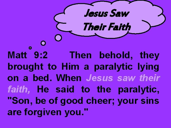 Jesus Saw Their Faith Matt 9: 2 Then behold, they brought to Him a