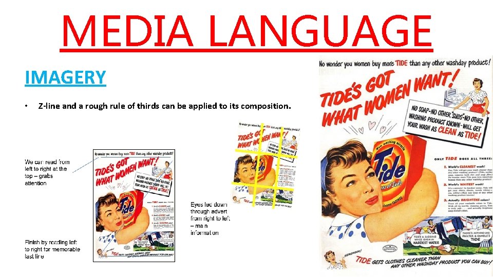 MEDIA LANGUAGE IMAGERY • Z-line and a rough rule of thirds can be applied