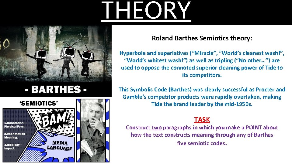 THEORY Roland Barthes Semiotics theory: Hyperbole and superlatives (“Miracle”, “World’s cleanest wash!”, “World’s whitest