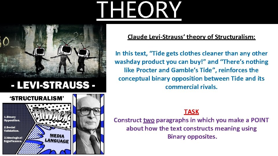 THEORY Claude Levi-Strauss’ theory of Structuralism: In this text, “Tide gets clothes cleaner than