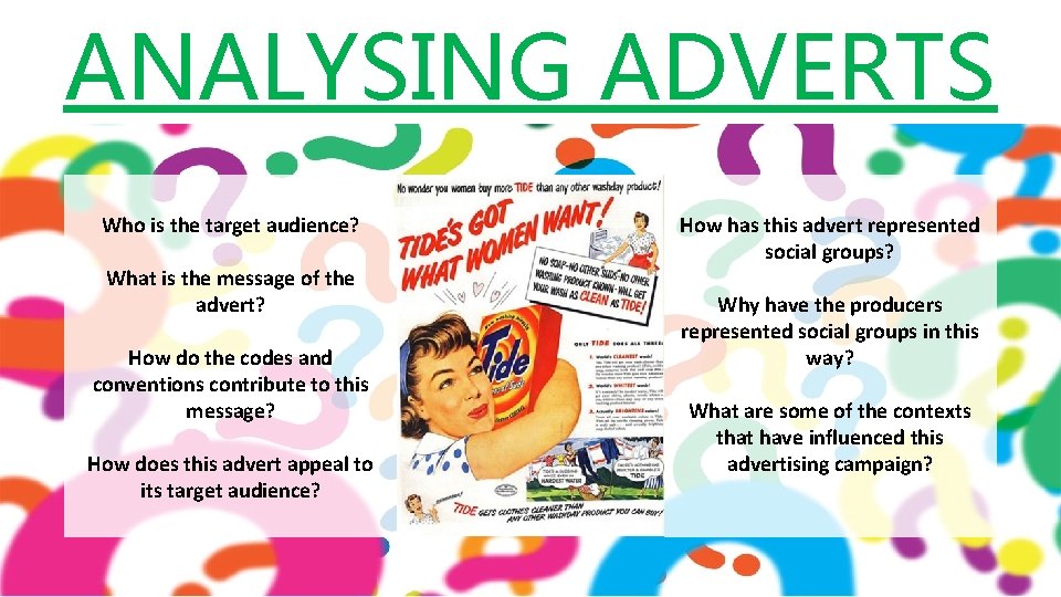 ANALYSING ADVERTS Who is the target audience? What is the message of the advert?