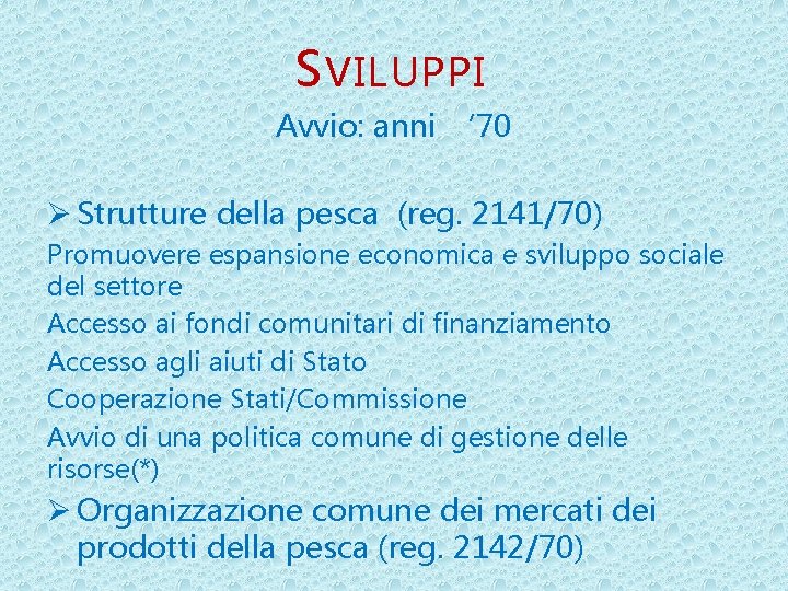 S VILUPPI Avvio: anni ‘ 70 Ø Strutture della pesca (reg. 2141/70) Promuovere espansione