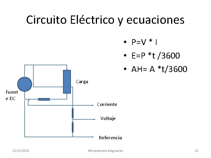 Circuito Eléctrico y ecuaciones • P=V * I • E=P *t /3600 • AH=