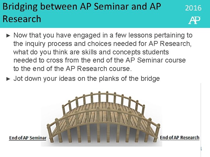 Bridging between AP Seminar and AP Research 2016 Now that you have engaged in