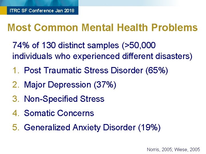 ITRC SF Conference Jan 2018 Most Common Mental Health Problems 74% of 130 distinct