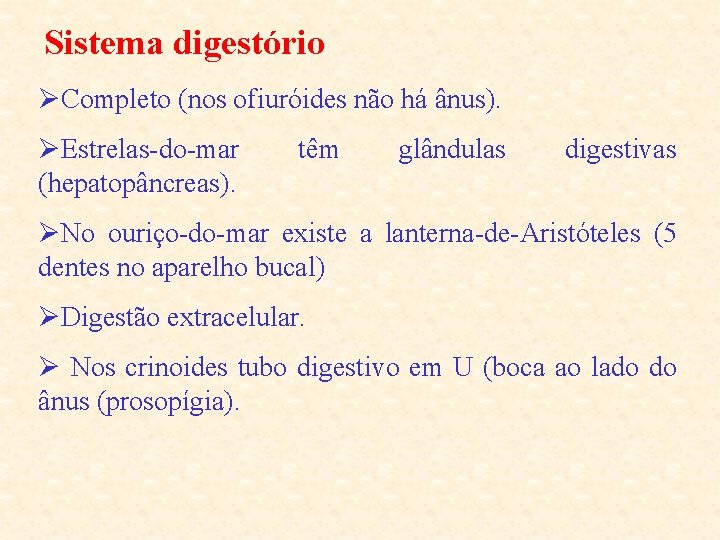 Sistema digestório ØCompleto (nos ofiuróides não há ânus). ØEstrelas-do-mar (hepatopâncreas). têm glândulas digestivas ØNo