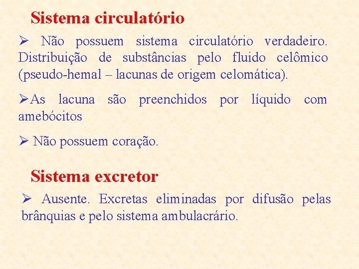 Sistema circulatório Ø Não possuem sistema circulatório verdadeiro. Distribuição de substâncias pelo fluido celômico