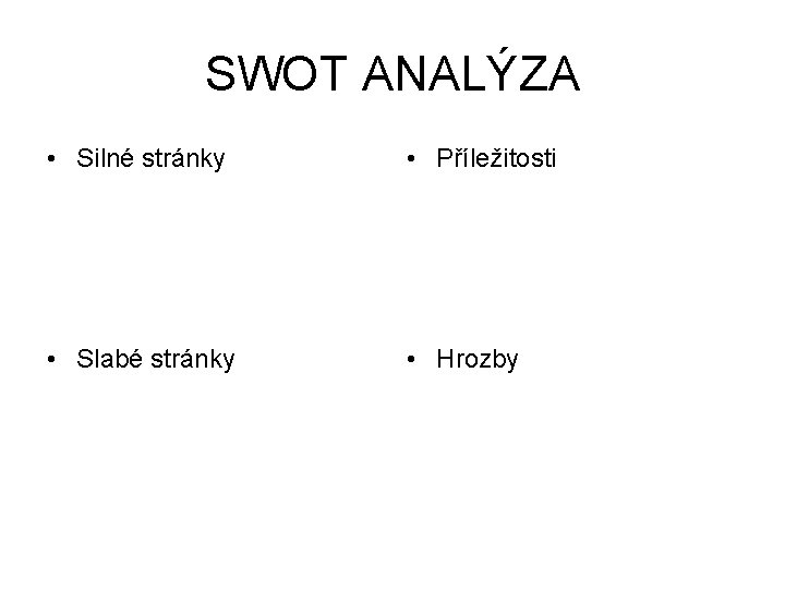 SWOT ANALÝZA • Silné stránky • Příležitosti • Slabé stránky • Hrozby 